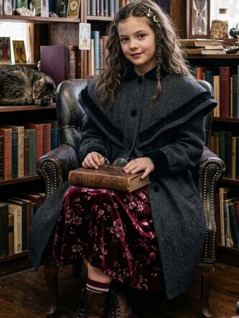 Vtg Rothschild Dark Gray Wool Velvet Trim Whimsical Academia Dress Cape Coat 10